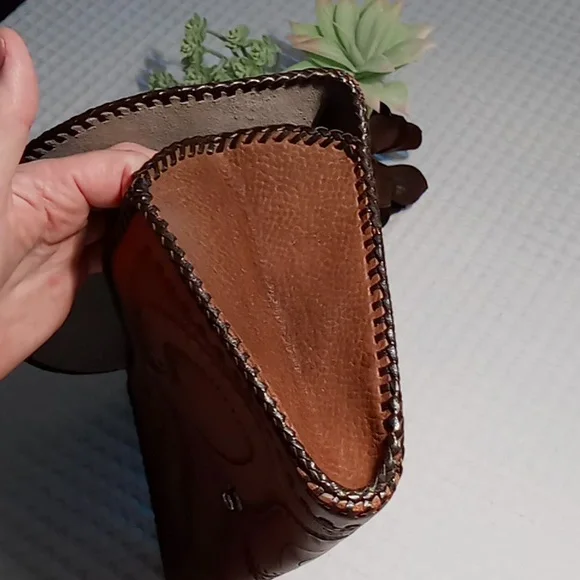 Handcrafted Hand Tooled Leather Clutch Chestnut Brown Tropical Leaf Design - Picture 11 of 13